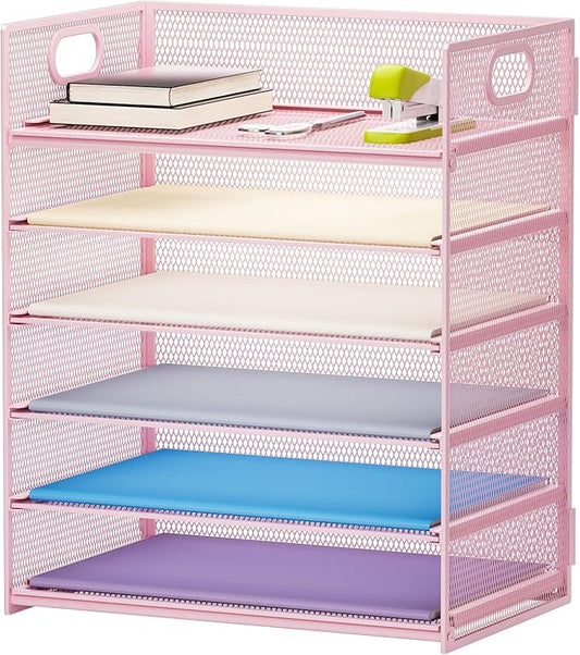 Marbrasse 6 Tier Paper Organizer Letter Tray - Mesh Desk File Organizer with Handle, Paper Sorter for Letter/A4 Office File Folder Holder -Pink-DeskLoop Office