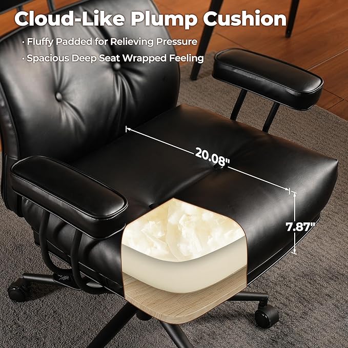ovios Ergonomic Home Office Chair, Mid-Century Modern Faux Leather Chairs with Thickened Cushions, Comfy High Back Swivel Rolling Executive Computer Armchair (Black, PU Leather)-DeskLoop Office