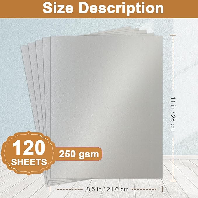120 Sheets Shimmer Silver Cardstock 8.5 x 11 Craft Paper, 250gsm/92lb Heavyweight Certificate Paper Card Stock for DIY Card Making, Wedding Invitations, Thank You Cards, Business Cards-DeskLoop Office