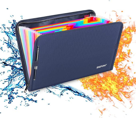 ENGPOW 13 Pocket Expanding File Folder,Fireproof Accordion File Folder Document Organizer with Zipper Closure,Portable Filing Organizer Safe with Colorful Tabs for A4/Letter Size Paper,Files(Blue)-DeskLoop Office