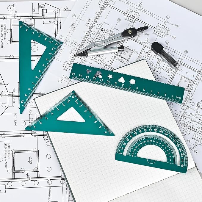 6 Pcs Metal Geometry Set, Math Geometry Kit, Metal Ruler Set and Compass Geometry Tool, Rulers Protractor and Compass Set for Student School and Drawings Supplies (Green)-DeskLoop Office