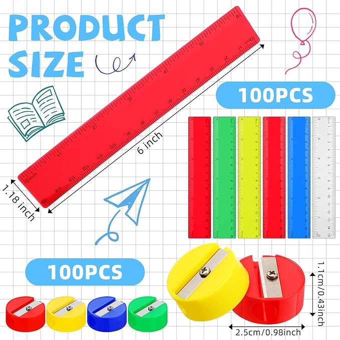 100 Pcs Plastic Rulers and 100 Pcs Mini Round Manual Pencil Sharpener Bulk, 4 Assorted Colors Pocket Sized Pencil Sharpeners Colorful Straight Ruler Back to School Supplies for Kids (Classic,6 Inch)-DeskLoop Office