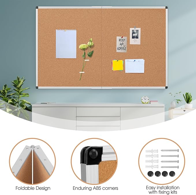 Board2by Extra Large Cork Bulletin Board 72" X 48", Foldable Notice Pin Board for Wall, Silver Aluminum Framed 6'x4' Corkboard, Wall Mounted Noticeboard with 36 Push Pins for School, Home & Office-DeskLoop Office