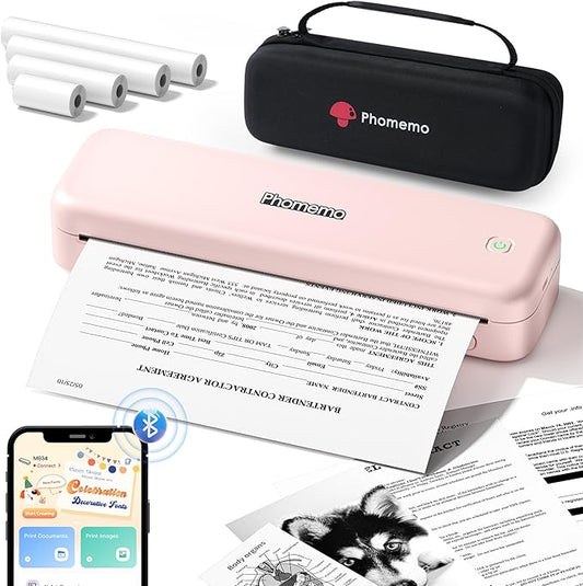 Phomemo Portable Printers Wireless for Travel Upgraded,M834 Bluetooth Thermal Printer 8.5" x 11"& A4 Size,Inkless Mobile Printer with Carry Case for Travel,Office,School,Car,Home,Pink-DeskLoop Office