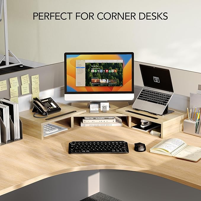 AMERIERGO Dual Monitor Stand Riser- 3 Shelf Screen Stand with Adjustable Length and Angle, 2 Extra Functional Slot Desktop Organizer Stand for PC, Computer, Laptop (Light Wood)-DeskLoop Office