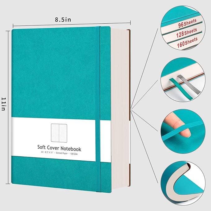 AHGXG Bullet Dotted Journal - Large A4 Notebook Dotted, 8.5''×11'', 320 Pages Dot Grid Notebook, 100gsm Thick Paper, Leather Softcover, with Journal Stencils, Inner Pocket - Cyan-DeskLoop Office