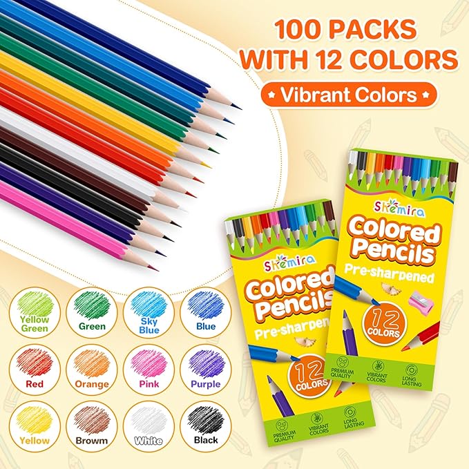 Shemira 100 Pack (1200 Count) Colored Pencils Bulk Set for Kids, Pre-sharpened Coloring Pencil in 12 Colors, Erasable Color Pencils', School Supplies for Kids Teachers, Back to School Supplies-DeskLoop Office