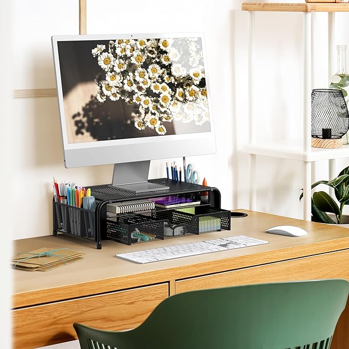 Simple Houseware Monitor Riser Stand with Pull-Out Drawer and Pen Holders, Black-DeskLoop Office