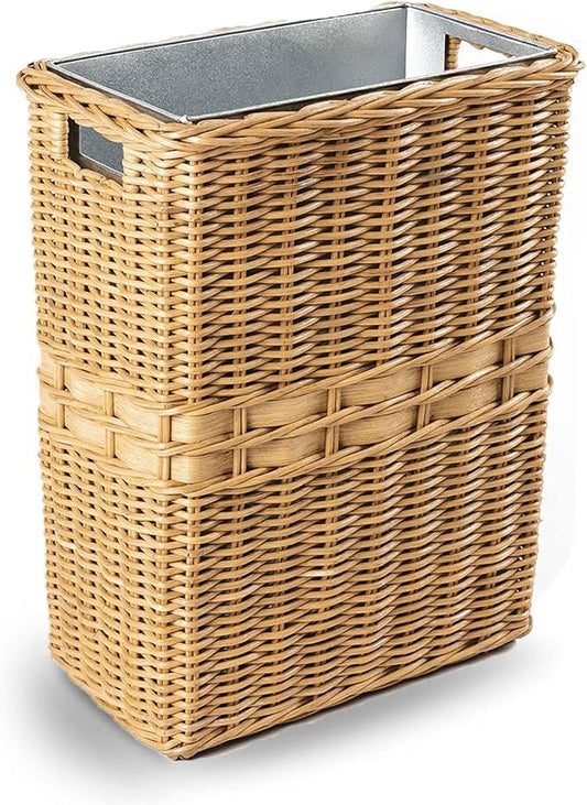 The Basket Lady Large Rectangular Wicker Waste Basket with Metal Liner, 14.5 in L x 9 in W x 18 in H, Sandstone-DeskLoop Office