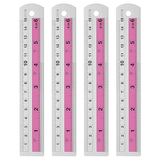 HARFINGTON 4pcs Metal Straight Ruler 15cm Metric SAE Aluminum Alloy Measuring Rulers Scale Tools with Hole for Measure Study Reading Classroom Office, Pink-DeskLoop Office