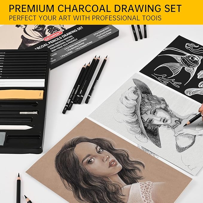 27 Piece Charcoal Drawing Set - Professional Black & White Charcoal Pencils for Sketching, Shading & Blending, Graphite Sticks with Artist Art Supplies Kit (Beginners & Professionals)-DeskLoop Office