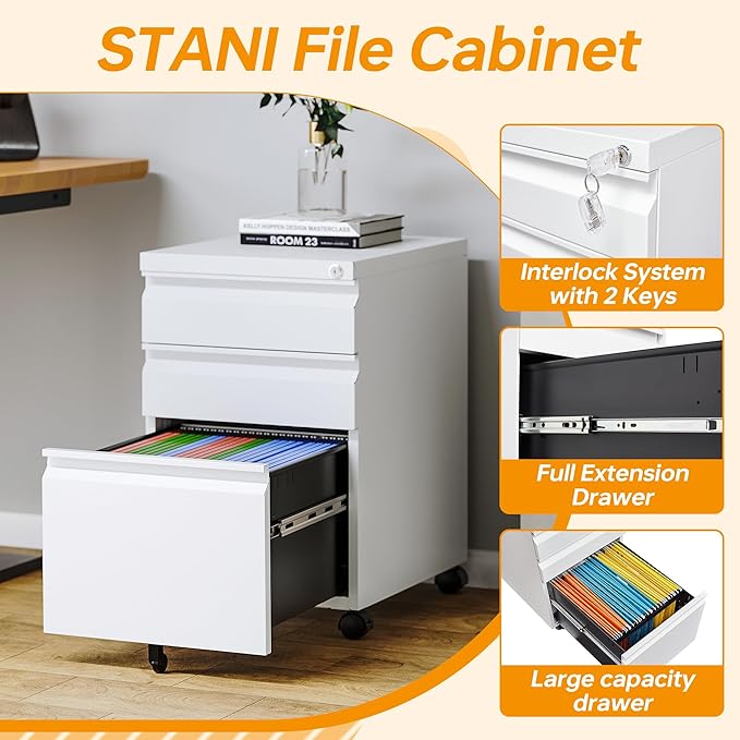 STANI Mobile File Cabinet with Lock Under Desk 3 Drawer Metal Filing Cabinet Locking Office Mobile Cabinet with Wheels Under Desk Office Drawers Rolling Mobile File Cabinet Fully Assembled-DeskLoop Office