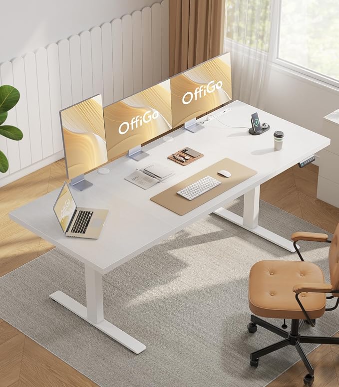OffiGo Electric Standing Desk with 3-Piece Board, 79 Inch Height Adjustable Large Desk with Power Outlets, Sit Stand Table, Writing Computer Workstation for Home, Office, White-DeskLoop Office