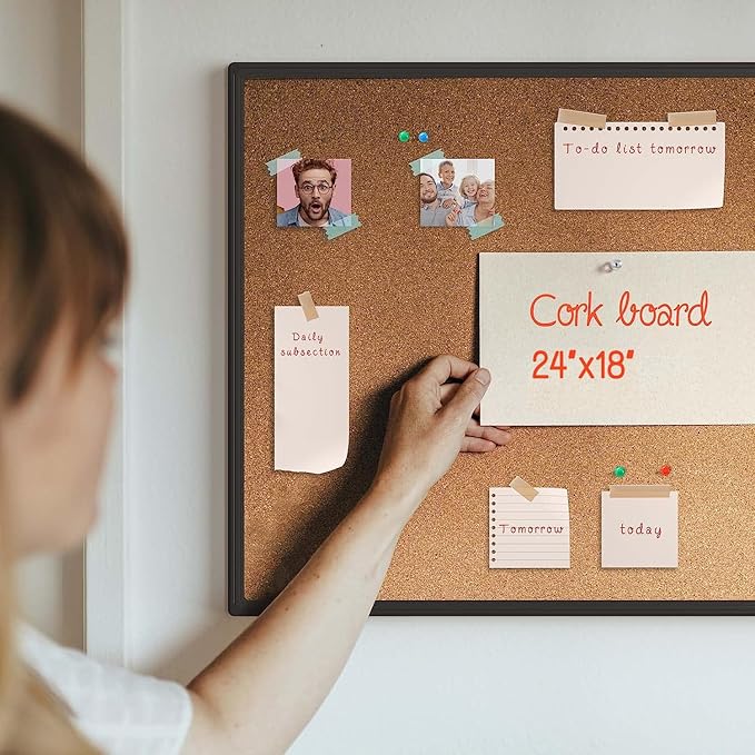 Board2by Cork Board Bulletin Board 24 x 18, Black Aluminium Framed Corkboard, Office Board for Wall Cork, Large Wall Mounted Notice Pin Board with 16 Push Pins for School, Home & Office-DeskLoop Office