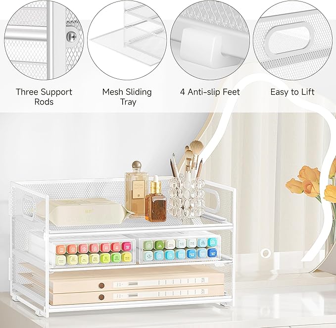 Subekyu 3 Tier Letter Tray Paper Organizer with Handle, 1 PC Sliding Tray, White Metal Mesh Desk File Folder Paper Sorter Organizer for Home Office School Desk Supplies Organization Storage-DeskLoop Office