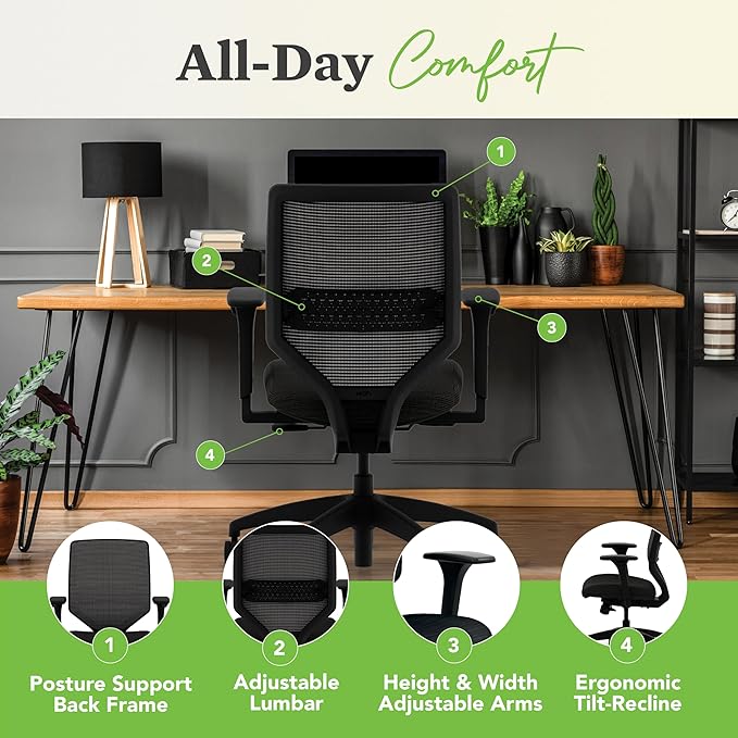 HON Solve Task Chair, Ergonomic Office Chair Mesh Back Support, Adjustable Lumbar, with Wheels, Height-Adjustable Arms, for Computers, Desks, Home Office, Black-DeskLoop Office