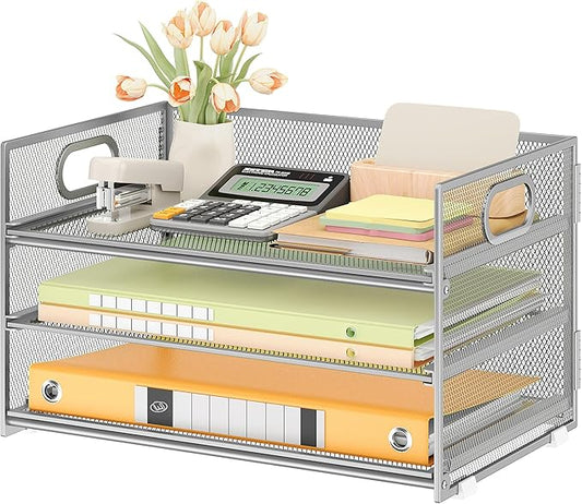 Subekyu 3 Tier Paper Desk Organizer with Handle and 1 PC Slideable Letter Tray, A4 Paper File Folder Sorter Metal Mesh Organizer for Home Office School Desk Supplies Organization Storage, Silver-DeskLoop Office