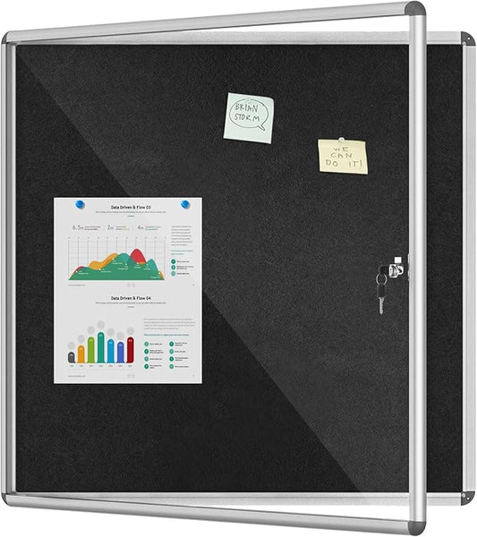 38"x38" Enclosed Bulletin Board, Lockable Weather-Resistant Aluminum Cork Noticeboard for School & Office, Silver Frame w/Black Flet-DeskLoop Office