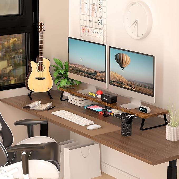 Aothia Dual Monitor Stand Riser - Metal Leg Monitor Stand with Drawer, Desk Shelf for PC, Laptop & Screen (Vintage)-DeskLoop Office