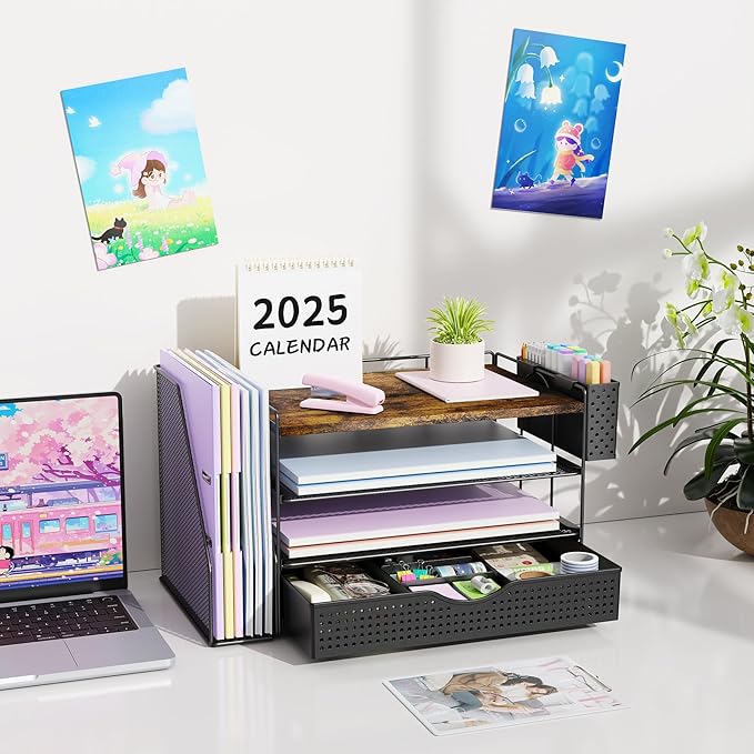 Wood Desk Organizers and Accessories with File Holder, 4-Tier Desk Accessories & Workspace Organizers with Drawer and Pen Holder, Paper Organizer for Office Supplies (Wood)-DeskLoop Office