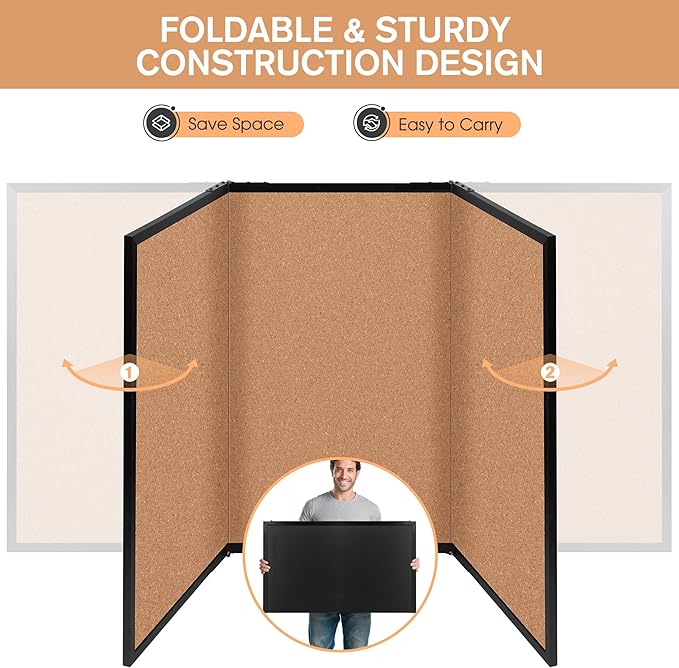 Board2by Extra Large Cork Bulletin Board 96" X 48", Foldable Notice Pin Board for Wall, Black Woodm Framed 8'x4' Corkboard, Wall Mounted Noticeboard with 32 Push Pins for School, Home & Office-DeskLoop Office