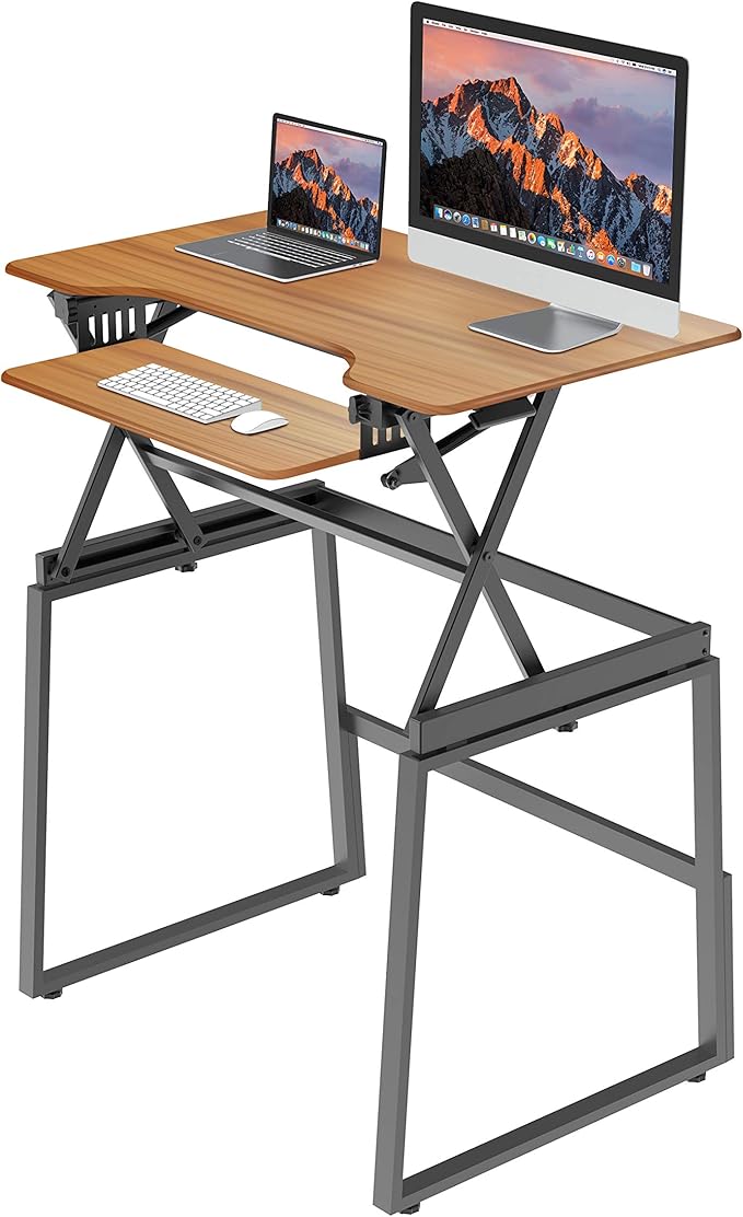 Rocelco 40" Large Height Adjustable Standing Desk BUNDLE - Quick Sit Stand Up Dual Monitor Riser - Gas Spring Assist Computer Workstation - Retractable Keyboard Tray - Teak Wood Grain (R DADRT-40-FS2)-DeskLoop Office