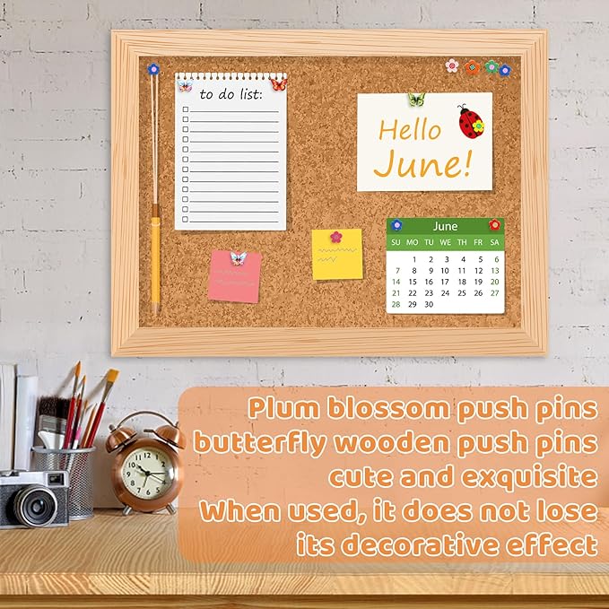 80 Pcs Push Pins for Cork Board, Decorative Thumb Tacks Wooden Push Pins Head Pin Wood Map Tacks Pin, Wood Thumb Tacks for Bulletin Boards Craft Projects with Storage Box-Flower and Butterfly-DeskLoop Office