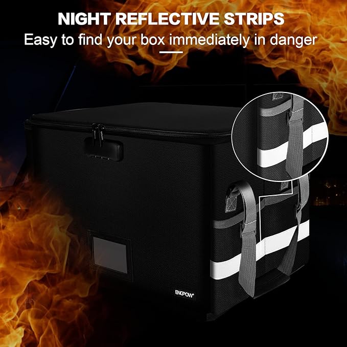 ENGPOW File Box with Lock,Fireproof Document Box with Zipper&Pockets,Collapsible File Organizer Filing Storage Cabinet with Handle,Portable Home Office Safe for Hanging Letter/Legal Folder,Black-DeskLoop Office