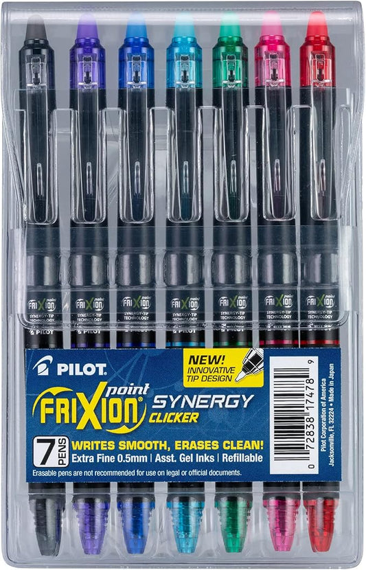 Pilot, FriXion Synergy Clicker Erasable, Refillable, Retractable Gel Ink Pens, Extra Fine Point 0.5 mm, Pack of 7, Assorted Colors-DeskLoop Office