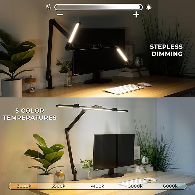 Mount-It! LED Desk Lamp with Adjustable Swing Arms and Clamp Base, Touch Control, Stepless Dimming, and 5 Color Temperatures, Eye-Caring Lighting for Work, Study, and Crafting-DeskLoop Office