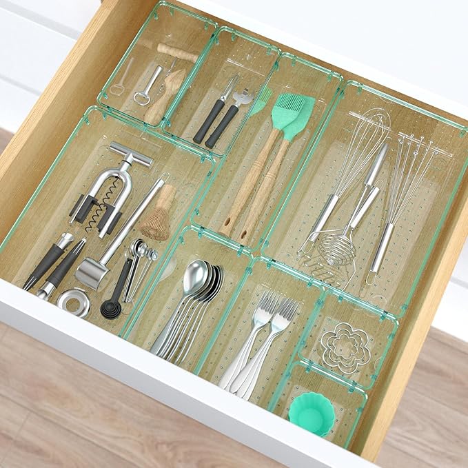 13 PCS Clear Plastic Drawer Organizers Set, 4 Size Desk Drawer Organizer Trays for Makeup, Jewelry, Kitchen Utensils, Gadgets and Office Accessories, Sea Blue