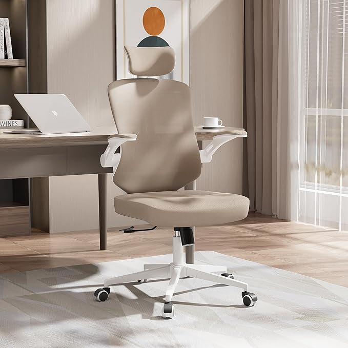 Desk Offiice Chair, Ergonomic Comfy Mesh Chair, Home High Back Gaming Executive Chair with Wheels, Compute Capacity 350LBS, Lumbar Support, Adjustable Headrest, Flip-up Armrest-DeskLoop Office