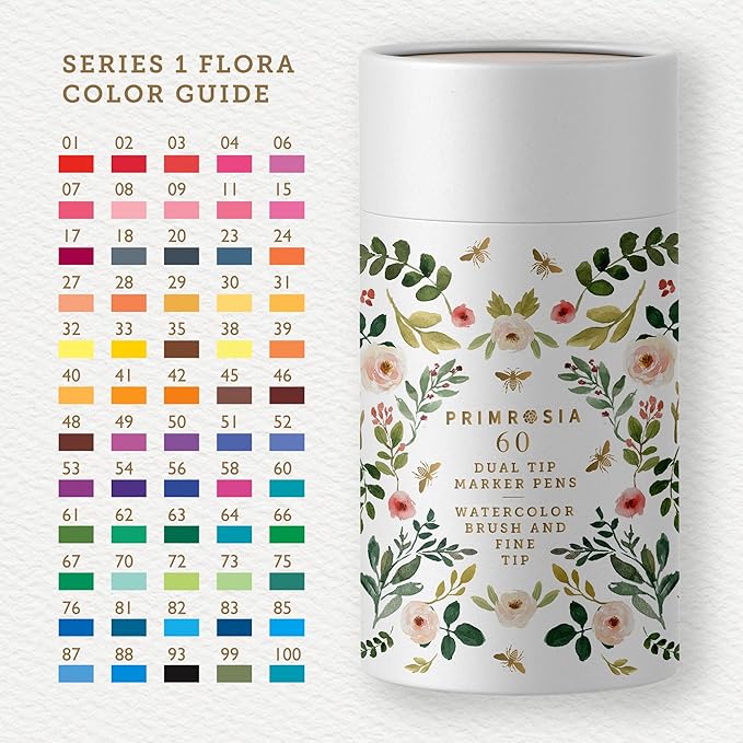 Primrosia 60 Dual Tip Marker Pens, Fineliner and Watercolor Brush Pens for Art Sketching Illustration Calligraphy Permanent Highlighter Bullet Journal Drawing Coloring-DeskLoop Office