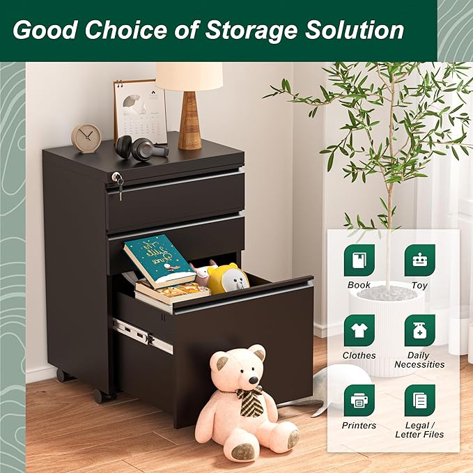 Superday Black File Cabinet 3 Drawer, Fully Assemble Metal Rolling Vertical Filing Cabinet with Wheels, Small Under Desk File Cabinets for Home Office-DeskLoop Office