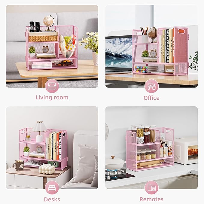 Marbrasse 3-Tier Desk Shelf Organizer with Handle, Desktop Bookshelf File Holder, Mesh Display Shelf Organizer Storage Rack for Office, Home, Supplies, Kitchen (Pink)-DeskLoop Office