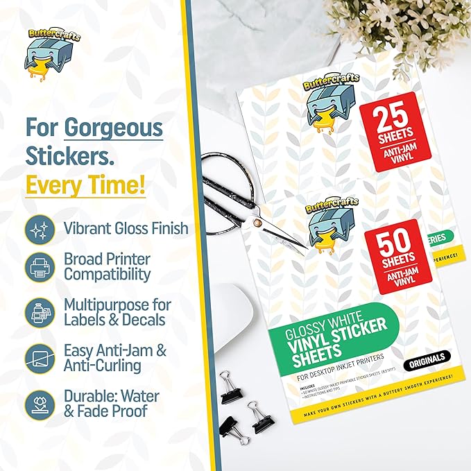 Printable Vinyl - Sticker Paper for Inkjet Printer for Epson (50 Sheets, 8.5" x 11", Anti Jam) - Glossy Printable Sticker Paper - Inkjet Printable Waterproof Sticker Paper - Make Labels and Decal