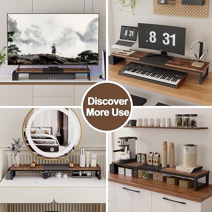 LAND·VOI Dual Monitor Stand Riser,41.5'' Long Monitor Stand for 2 Monitors, Wood Computer Riser with Pocket, Desktop Oraganizer with Pen Holder, Monitor Riser for Desk Computer,Laptop,TV, Rustic Brown-DeskLoop Office