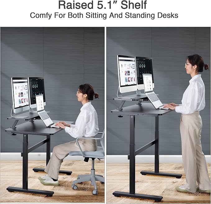 AVLT Clamp Desk Shelf Dual 32" Monitor Riser With Slide-out Holder for Convertible Laptop, Tablet, Smartphone (Black) - Floating Stand (Clamp-On Shelf Only)-DeskLoop Office