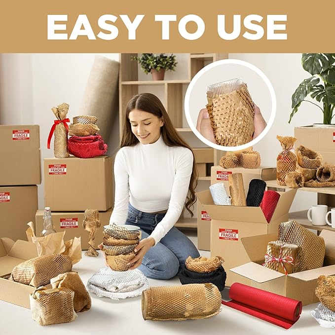 Honeycomb Packing Paper, 12"x50' Brown | Perforated Honeycomb Packing Paper Recyclable Moving Supplies for Shipping & Moving | Plastic-Free Alternative to Bubble Cushion Wrap with 36 Fragile Stickers-DeskLoop Office