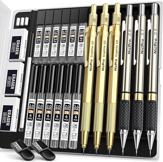 Nicpro Gold Art Mechanical Pencil Set, Metal Drafting Pencil 0.5, 0.7, 0.9mm & 2mm Lead Holder(2B HB 2H) For Sketching Drawing With Lead Refills Case-DeskLoop Office