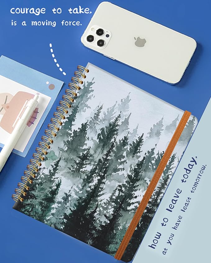 Ruled Spiral Writing Notebook,A5 Hardcover Lined College Journal for Women Lady,Fashion Puppy Watercolor Strong Twin-Wire Binding with Premium Paper,8.4" X 6",Perfect for School,Office,Home Gifts(Watercolor Misty Forest)-DeskLoop Office