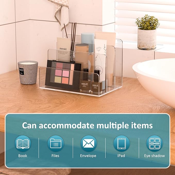 Acrylic File Holder 3 Compartment, Clear Desk File Organizer, Office Magazine File Folder Organizer Desktop for Calculate, Books-DeskLoop Office