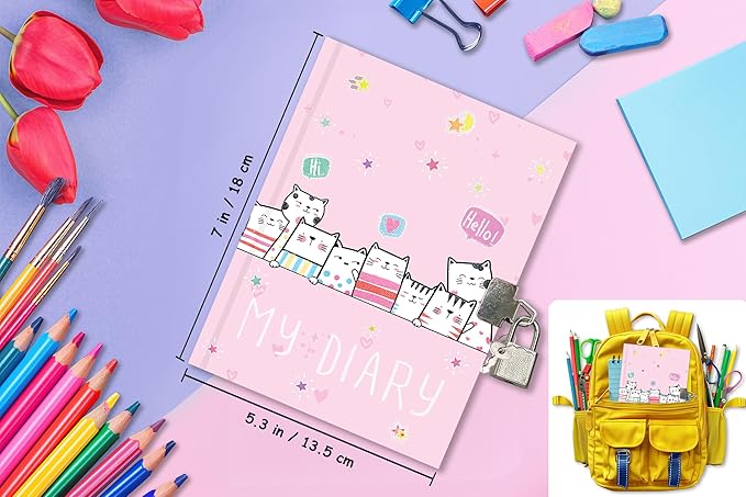 Cat Diary with Lock for Girls, 7x5.25 Inches 160 Lined Pages Secret Kids Diary Cute Cats Journal with Lock and Keys Notebook for Girls Birhtday Gifts for 5-10 Years Old-DeskLoop Office