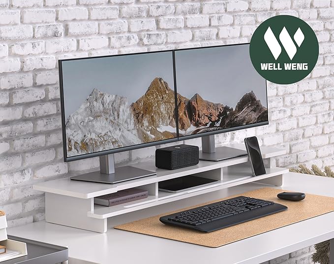 Monitor Stand Dual Monitor Stand Riser for Desk,Wood Desk Shelf Storage Organizer with Phone Tablet Holder (42.5 Inch, White)-DeskLoop Office