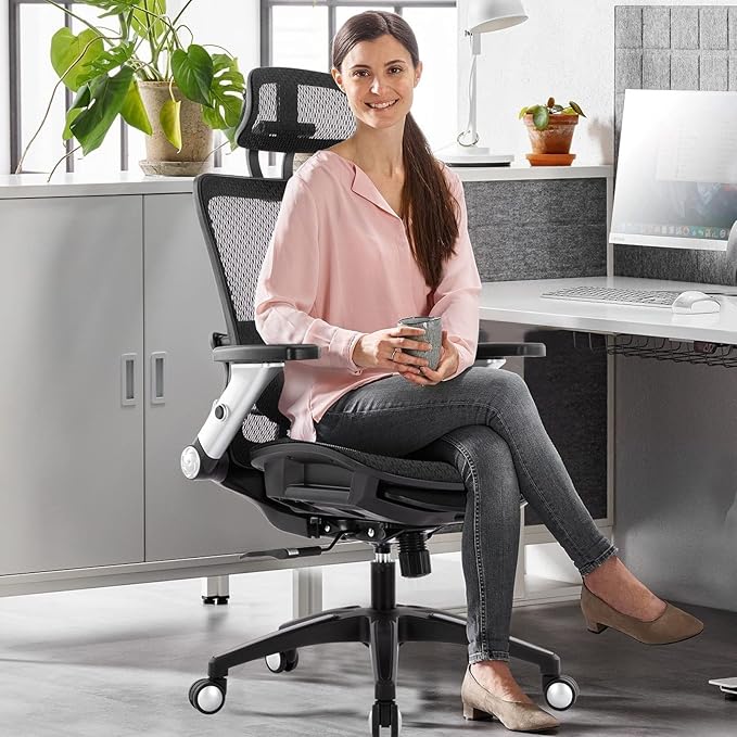 COLAMY Ergonomic Mesh Office Chair with Footrest, High Back Computer Executive Desk Chair with Headrest and 4D Flip-up Armrests, Adjustable Tilt Lock and Lumbar Support-Black-DeskLoop Office