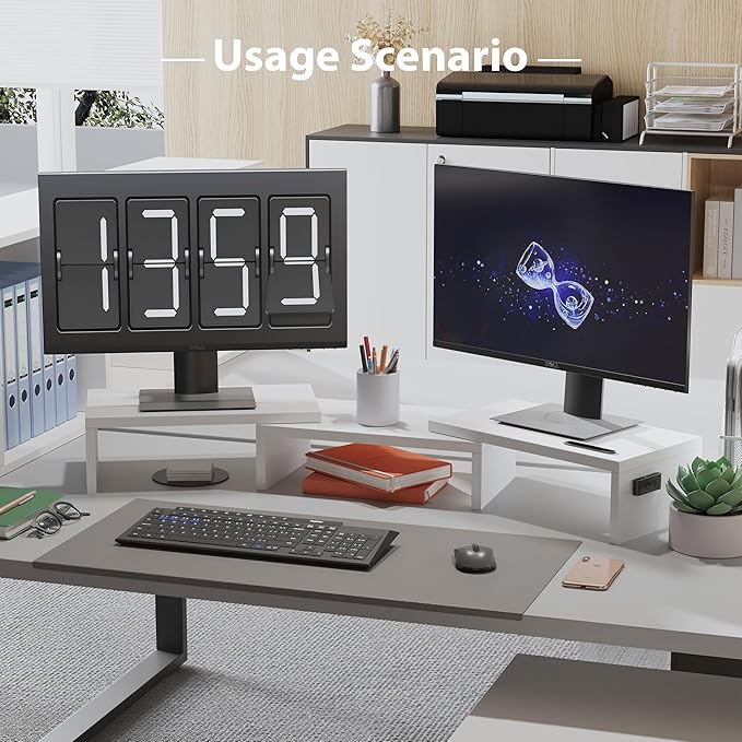 BONTEC Dual Monitor Stand Riser with Smartphone Holder, Adjustable Length & Swivel Angle, Ergonomic Wooden Desktop Organizer for PC Monitor, Laptop, Printer, Large Storage, White-DeskLoop Office