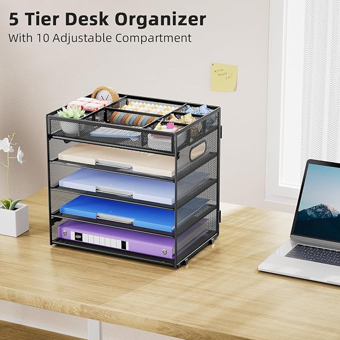Marbrasse 5-Tier Letter Tray Paper Organizer with Handle, Multi-Functional Mesh File Organizer for Desk, Adjustable Compartments Mesh Desktop Storage for Office Supplies,Black-DeskLoop Office