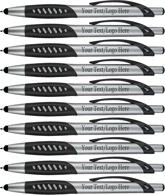 Personalized Pens With Custom Logo or Text-300 Pack Bulk-for Businesses, Parties, and Events, 2 in 1 Ballpoint Pen & Capacitive Stylus for Touchscreen Devices, Click Action, Black Ink, Black-DeskLoop Office