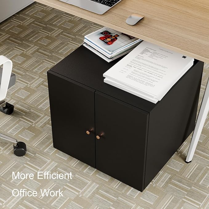 Printer Stand with Storage, 3D Heavy Duty Printer Table with Shelves, Large Printer Table for Home Office, Black Printer Stand on Wheels with Doors, Metal Fax Machine Stand for Workplace-DeskLoop Office