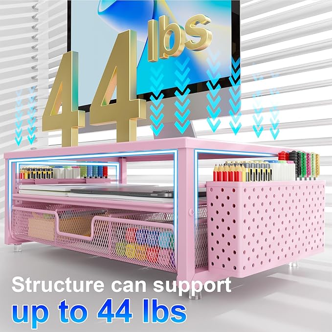 gianotter Desk Organizers and Accessories, Monitor Stand with Drawer and 2 Pen Holder, Desktop Organizer Suitable for Offices and Dormitories (Pink)-DeskLoop Office